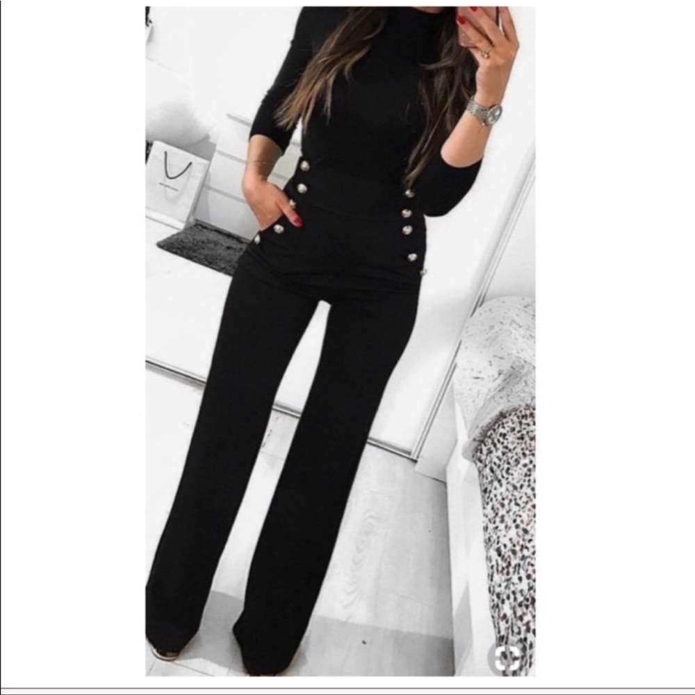 Super Cute Gold buttons sailor style wide leg pants